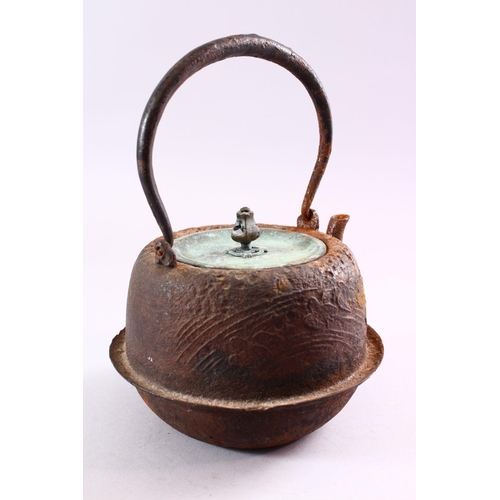 303 - A JAPANESE EDO / MEIJI PERIOD IRON MOULDED BIRD KETTLE & COVER, the iron kettle with side decoration... 