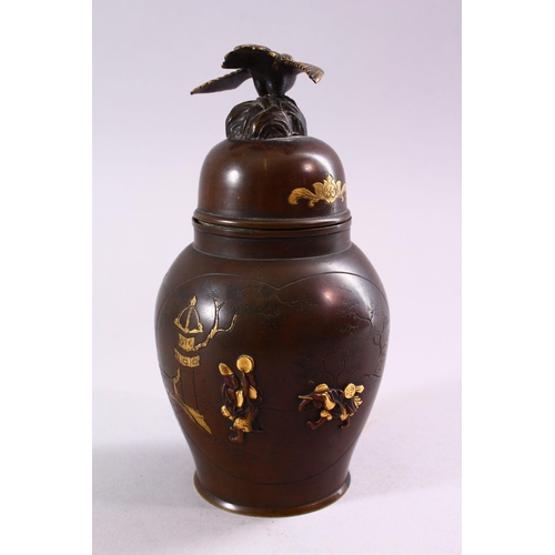 304 - A JAPANESE MEIJI PERIOD BRONZE & MIXED METAL VASE & COVER, the body of the vase with mixed metal inl... 