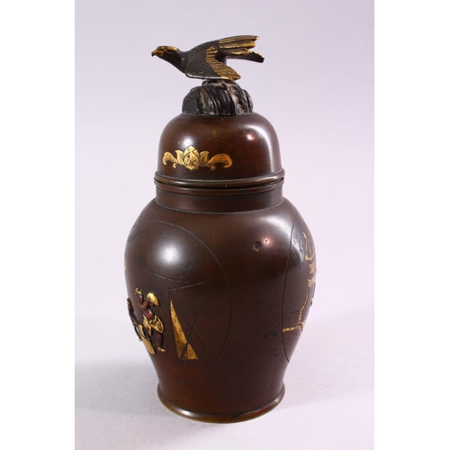 304 - A JAPANESE MEIJI PERIOD BRONZE & MIXED METAL VASE & COVER, the body of the vase with mixed metal inl... 