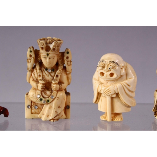 31 - A LOT OF SIX JAPANESE MEIJI PERIOD CARVED IVORY NETSUKE, one of a seated and inlaid goddess, 6cm, tw... 