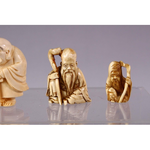 31 - A LOT OF SIX JAPANESE MEIJI PERIOD CARVED IVORY NETSUKE, one of a seated and inlaid goddess, 6cm, tw... 