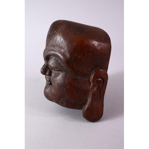 330 - A 19TH / 20TH CENTURY CHINESE CARVED BAMBOO MASK OF BUDDHA, carved in the form of Buddha's face, 13c... 