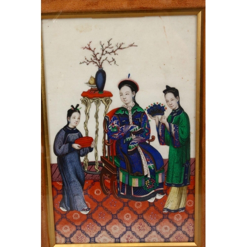 332 - THREE GOOD FRAMED CHINESE 19TH CENTURY PAINTING ON RICE PAPER OF OFFICIALS, the gilt frames housing ... 