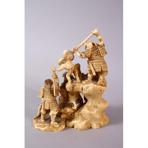 35 - A JAPANESE MEIJI PERIOD CARVED IVORY OKIMONO GROUP - depicting figures attacking oni demons, one dog... 