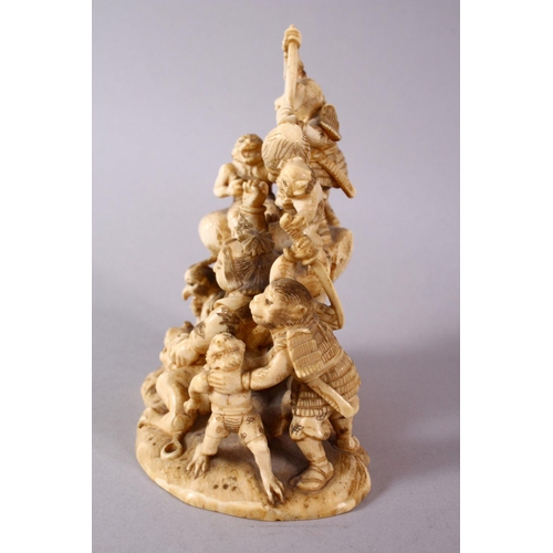 35 - A JAPANESE MEIJI PERIOD CARVED IVORY OKIMONO GROUP - depicting figures attacking oni demons, one dog... 