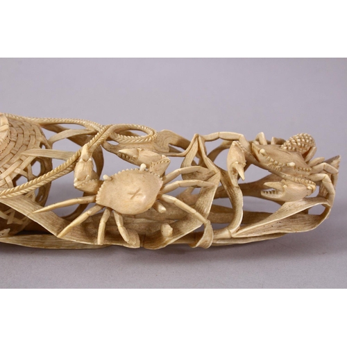 36 - A JAPANESE MEIJI PERIOD CARVED IVORY CRAB GROUP OKIMONO - depicting a basket of crabs with three fur... 