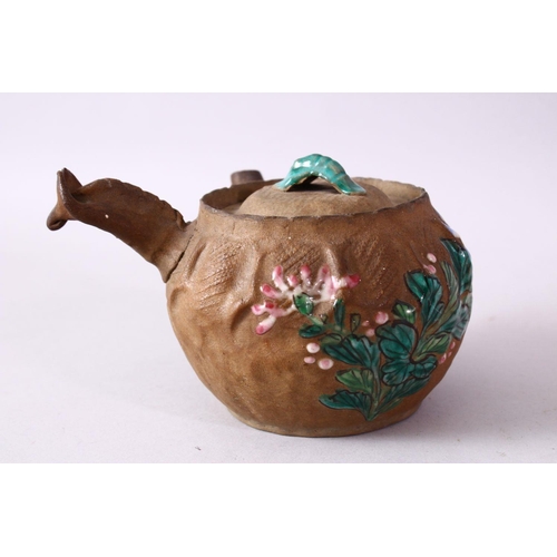 47 - A JAPANESE BANKO STYLE POTTERY ENAMEL TEAPOT, with floral enamel decoration, 15cm.