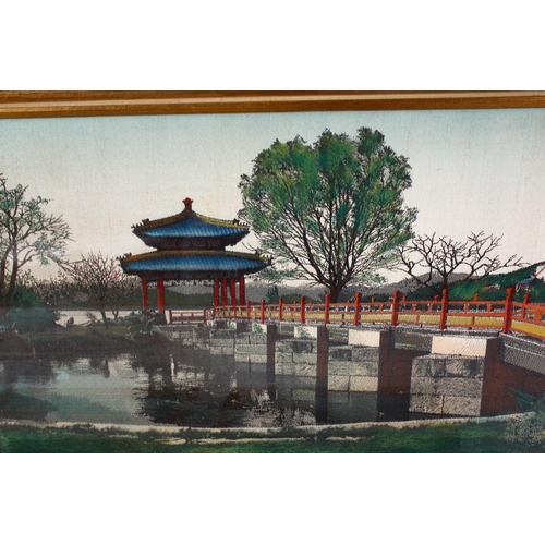 48 - A SET OF THREE CHINESE REPUBLIC STYLE  TAPESTRY PICTURES, each depicting a waterside landscape scene... 