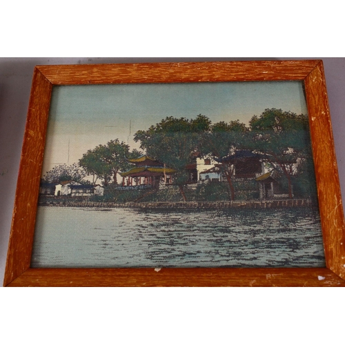 48 - A SET OF THREE CHINESE REPUBLIC STYLE  TAPESTRY PICTURES, each depicting a waterside landscape scene... 