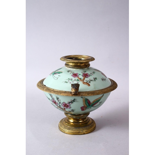 51 - A CHINESE 19TH / 20TH CENTURY CELADON METAL MOUNTED  BOWL AND COVER, the bowl with a celadon ground ... 