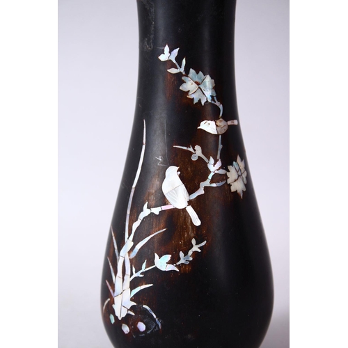 52 - A CHINESE 20TH CENTURY INLAID MOTHER OF PEARL WOODEN VASE, inlaid with mother of pearl to depict sce... 