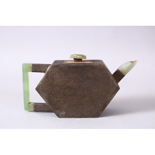 53 - A CHINESE METAL & JADE TEAPOT, the teapot body formed from white metal and carved with scenes of sho... 