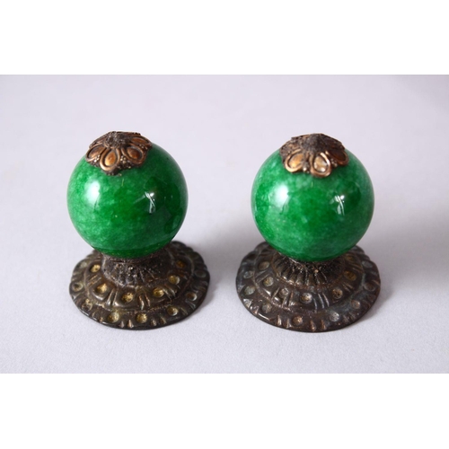 57 - A PAIR OF CHINESE CARVED HARDSTONE & METAL FINIAL / TOPS, the finial each with a nice green carved h... 