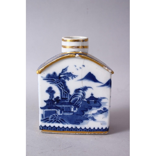 58 - A CHINESE 18TH CENTURY QIANLONG BLUE & WHITE PORCELAIN CADDY, with scenes of a landscape with gilt h... 