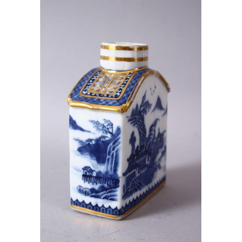 58 - A CHINESE 18TH CENTURY QIANLONG BLUE & WHITE PORCELAIN CADDY, with scenes of a landscape with gilt h... 