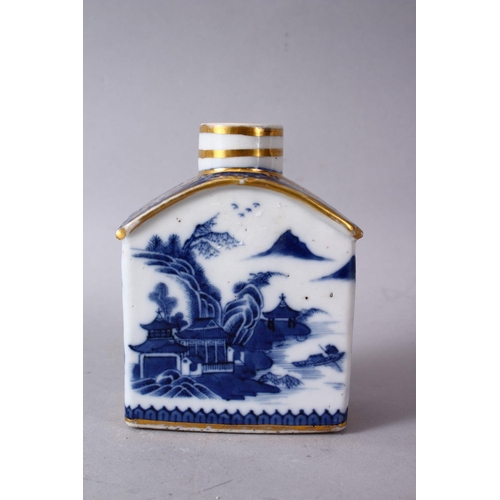 58 - A CHINESE 18TH CENTURY QIANLONG BLUE & WHITE PORCELAIN CADDY, with scenes of a landscape with gilt h... 