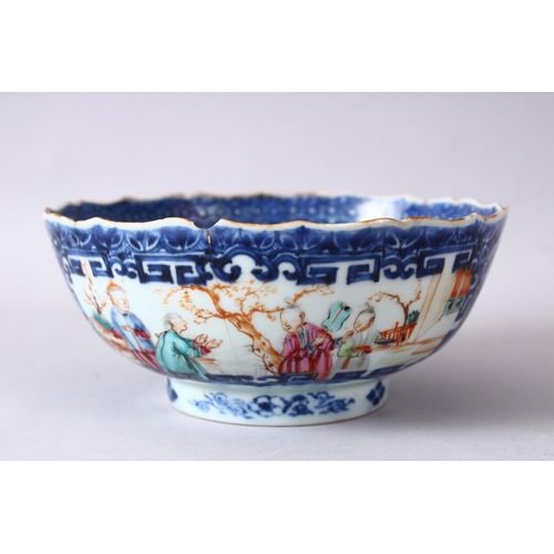 60 - AN 18TH CENTURY CHINESE MANDARIN FAMILLE ROSE PORCELAIN BOWL, with panel decoration of figures in la... 