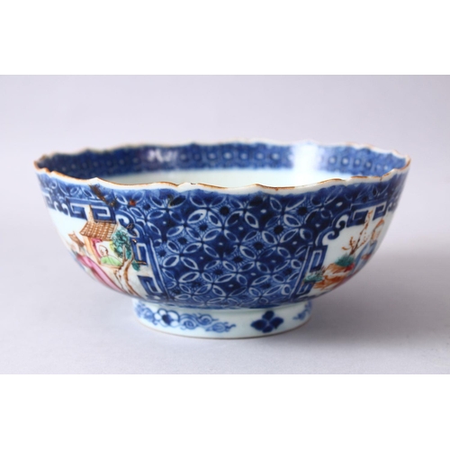 60 - AN 18TH CENTURY CHINESE MANDARIN FAMILLE ROSE PORCELAIN BOWL, with panel decoration of figures in la... 