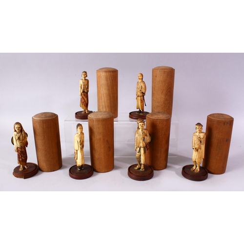 609 - A SET OF SIX 18TH/19TH CENTURY ORIENTAL/EASTERN CARVED AND STAINED IVORY FIGURES, each depicting a n... 