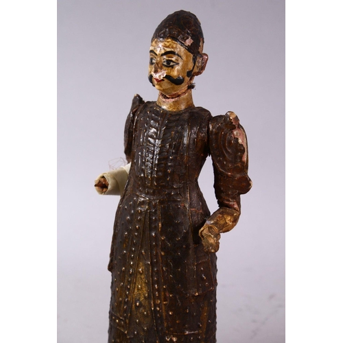 612 - TWO PERSIAN LACQUERED WOOD FIGURES, (AF), 18.5cm high.