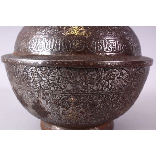 614 - AN ISLAMIC CHASED AND ENGRAVED CIRCULAR BOWL AND COVER, partially inlaid with gold decorated with sc... 