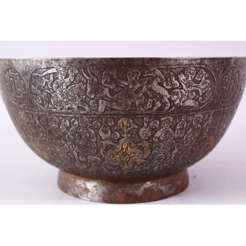 614 - AN ISLAMIC CHASED AND ENGRAVED CIRCULAR BOWL AND COVER, partially inlaid with gold decorated with sc... 