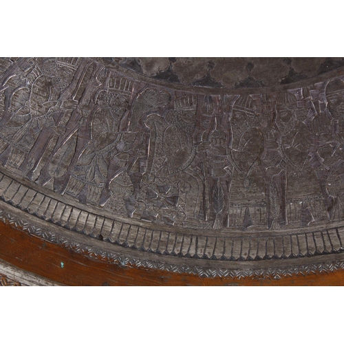 616 - A MONUMENTAL INDIAN ENGRAVED METAL TRAY, with pierced border, 98cm diameter.