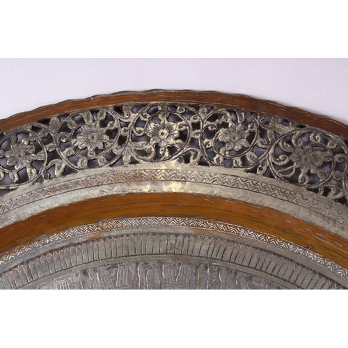 616 - A MONUMENTAL INDIAN ENGRAVED METAL TRAY, with pierced border, 98cm diameter.