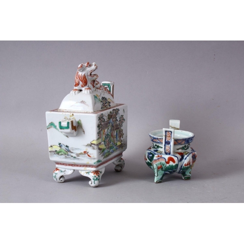 64 - TWO CHINESE FAMILLE ROSE / VERTE PORCELAIN ITEMS, a porcelain lidded censer and cover, decorated wit... 