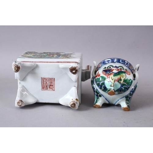 64 - TWO CHINESE FAMILLE ROSE / VERTE PORCELAIN ITEMS, a porcelain lidded censer and cover, decorated wit... 