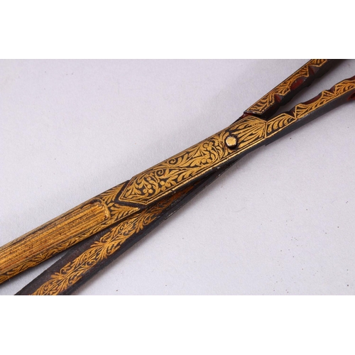 747 - A GOOD SET OF TURKISH ISLAMIC CALLIGRAPHY TOOLS, Comprising a pair of Makta scissors inlaid with gol... 