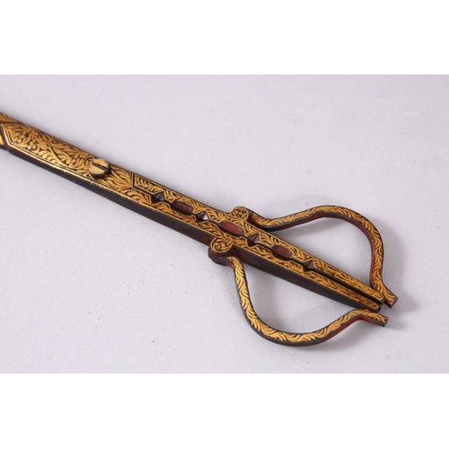 747 - A GOOD SET OF TURKISH ISLAMIC CALLIGRAPHY TOOLS, Comprising a pair of Makta scissors inlaid with gol... 