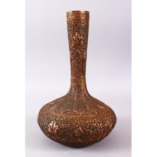 748 - A 19TH / 20TH CENTURY INDIAN KASHMIRI COPPER VASE, decorated with floral motif in relief, 29cm