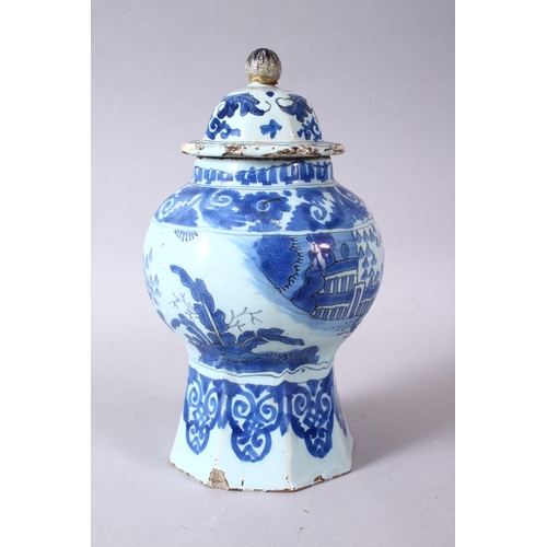 75 - A CHINESE BLUE & WHITE OCTAGONAL FORMED JAR & COVER, the jar decorated with scenes of figures in lan... 