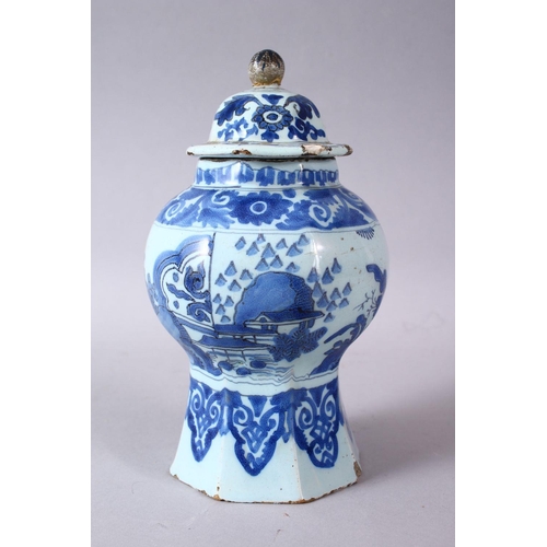 75 - A CHINESE BLUE & WHITE OCTAGONAL FORMED JAR & COVER, the jar decorated with scenes of figures in lan... 