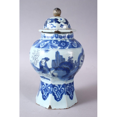 75 - A CHINESE BLUE & WHITE OCTAGONAL FORMED JAR & COVER, the jar decorated with scenes of figures in lan... 