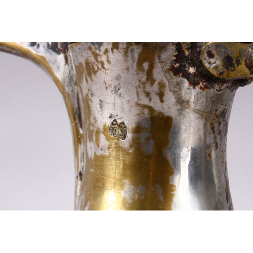 753 - AN 19TH CENTURY ISLAMIC SILVERED BRASS SIGNED DALLAH / COFFEE POT, with an impressed signature to th... 