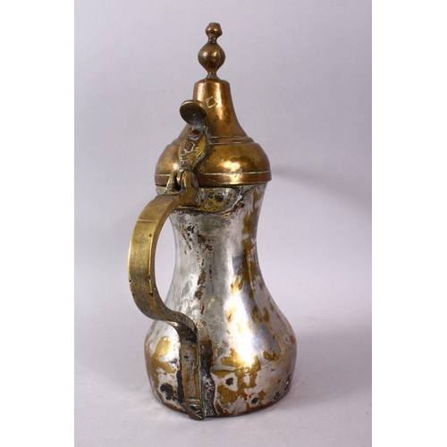 753 - AN 19TH CENTURY ISLAMIC SILVERED BRASS SIGNED DALLAH / COFFEE POT, with an impressed signature to th... 