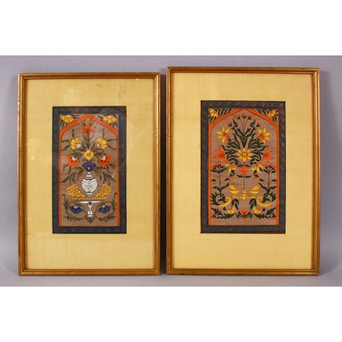 755 - A PAIR OF INDIAN MINIATURE FRAMED PAINTINGS, each decorated with displays of native flora, one with ... 