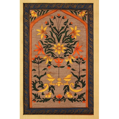 755 - A PAIR OF INDIAN MINIATURE FRAMED PAINTINGS, each decorated with displays of native flora, one with ... 