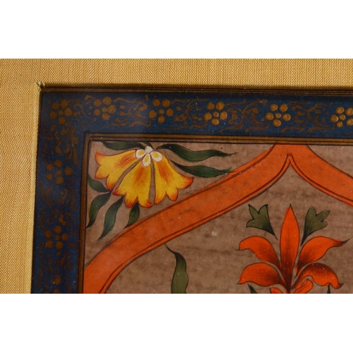 755 - A PAIR OF INDIAN MINIATURE FRAMED PAINTINGS, each decorated with displays of native flora, one with ... 