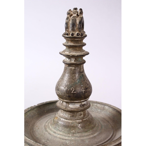 762 - A GOOD INDIAN BRONZE OIL LAMP, Signed and dated to the central section, 17cm high x 13.5cm diameter.