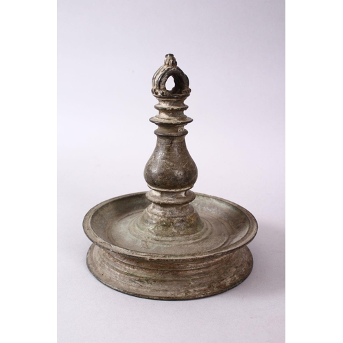 762 - A GOOD INDIAN BRONZE OIL LAMP, Signed and dated to the central section, 17cm high x 13.5cm diameter.