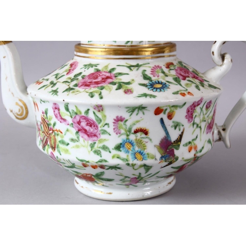 78 - A 19TH / 20TH CENTURY CHINESE CANTON FAMILLE ROSE PORCELAIN TEAPOT, decorated with sprays of native ... 