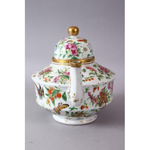 78 - A 19TH / 20TH CENTURY CHINESE CANTON FAMILLE ROSE PORCELAIN TEAPOT, decorated with sprays of native ... 