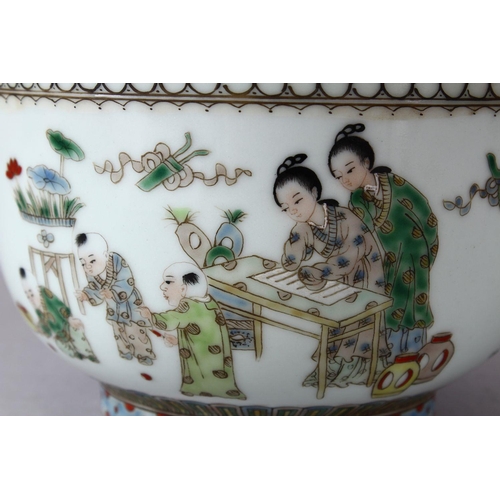 80 - A CHINESE FAMILLE VERTE PORCELAIN BOWL & COVER, decorated with peach fruits, and figures and childre... 