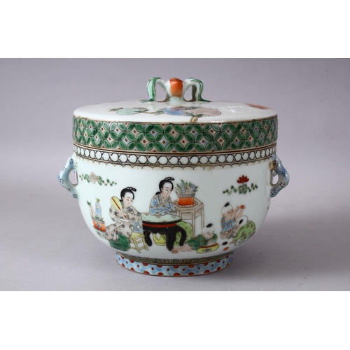 80 - A CHINESE FAMILLE VERTE PORCELAIN BOWL & COVER, decorated with peach fruits, and figures and childre... 