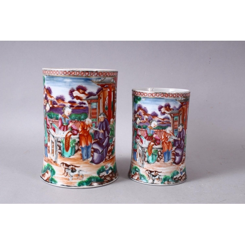 81 - TWO 19TH / 19TH CENTURY CHINESE MANDARIN  FAMILLE ROSE PORCELAIN MUGS, each decorated in a similar s... 