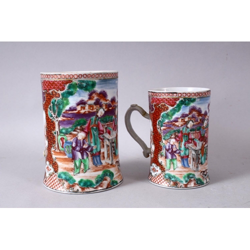 81 - TWO 19TH / 19TH CENTURY CHINESE MANDARIN  FAMILLE ROSE PORCELAIN MUGS, each decorated in a similar s... 