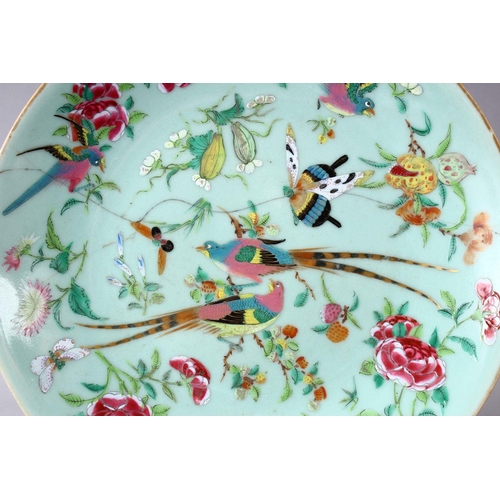 82 - 4 X 19TH CENTURY CHINESE CELADON FAMILLE ROSE PORCELAIN PLATES, one larger decorated with birds and ... 